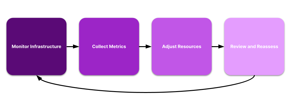 The Kubernetes rightsizing process with four boxes pointing to each other: Monitor Infrastructure, Collect Metrics, Adjust Resources, Review and Reassess. The last box has an arrow that points back to the first.
